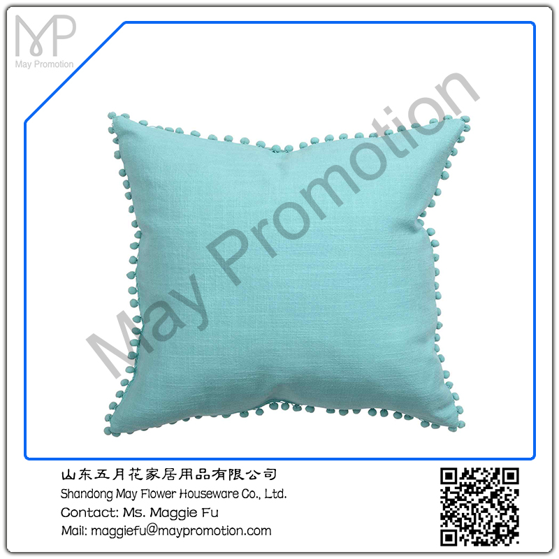 gree blue Pompom linen Cushion with padding